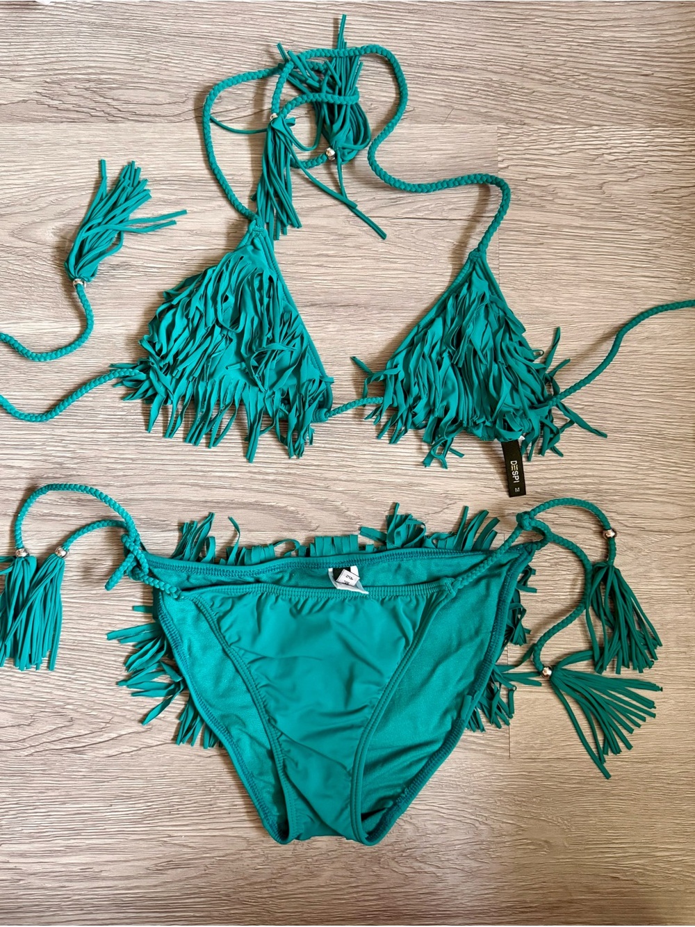 Despite Fringed Triangle Bikini Set in Teal top size medium bottom small